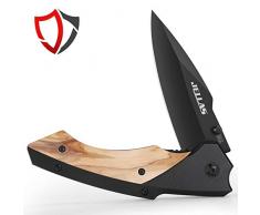 Klappmesser mit Spitzer und Gürteltasche, JELLAS Taschenmesser J-003 mit Schwarz Beschichteter 7Cr17-Klinge, Outdoor Messer für Camping, Jagd, Angeln mit Holzgriff