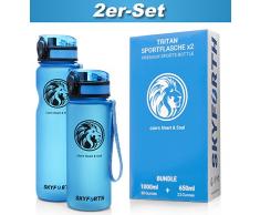 SKYFORTH Trinkflasche im 2-er Set blau I Sportflasche 1l und Wasserflasche 650 ml I BPA frei, auslaufsicher, spülmaschinenfest, Wasser Flasche aus Tritan I Trinkflaschen für Sport, Fitness, Fahrrad