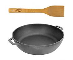 28 cm Servierpfanne aus Gusseisen 66mm Höhe (tief, Randhöhe 66mm) Schmortopf Bratpfanne Bräter Pfanne + Pfannenwender aus Bambus von 4big.fun *** Induktion *** Alle Herdarten *** 23cm Bodendurchmesser