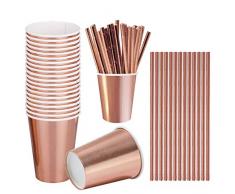 iZoeL 60 Party Cups 9oz (ca 266 ml) Roségold und 60 Strohhalme Einwegpapier Geschirr Einwegbecher Party Geschirr Set für Kindergeburtstagsfeiern