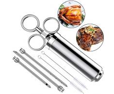 Bratenspritze 60ML Edelstahl Marinadenspritze FDA Gewürzspritze Marinadengeschmack Lebensmittelspritze für Truthahnrindfleischsteak-BBQ, 4 Ersatz-O-Ringe, 2 Reinigungsbürsten