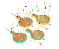 com-four® 34-teiliges Tapas Set aus Holz, Servierbretter und Holzspieße für Snacks, Fingerfood, Anti-pasti, Tapas, Käse, Obst und mehr (34-teilig - Rund gelb/türkis)