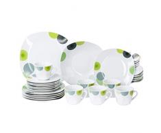 Van Well | 30-TLG. Kombi-Geschirr Rondo für 6 Personen | Tafel-Service + Kaffee-Set | Retro-Look grün-gelb | edles Porzellan | Kreise