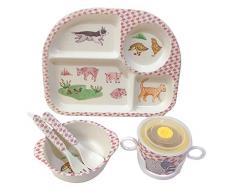 shopwithgreen Kindergeschirr 5-Teiliges Sets mit Schönes Muster aus Bambus/Schüssel,Löffel, Gabel, Tasse,Menüteller/für Kleine Kinder, BPA- und Phthalatfrei, Spülmaschinengeeignet