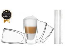 DUOS 4X 400ml doppelwandige Gläser + 4 Glas-Trinkhalme incl. Reinigungsbürste - Thermogläser mit Schwebe-Effekt, auch für Latte Macchiato, Eistee, Säfte, Longdrinks, Cocktails geeignet, by Feelino