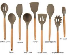 Silikon Küchenhelfer Set für Kochen Holz Küchenutensilien Kochbesteck Set Küchenhelferset (9 Pcs, Grau)