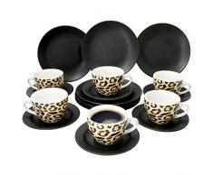 MamboCat 18-TLG. Leopard Lampart Kaffee-Service I Schwarz & Leoparden Muster I Kaffeetasse, Untertasse & Kuchenteller für 6 Personen I Kaffee-Set