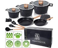 Melody Topfset Pfannen-Set 15-teilig hochwertiger Aluguss Topf-Set Antihaftbeschichtung Töpfe alle Herdarten spülmaschinengeeignet induktionsgeeignet Pfannenset Kochtopf Kochtopfset #3023 Noir