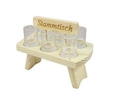 Schnapstablett Schnapsbank aus Holz Tablett inkl 6 Gläser Schnapsgläser Holztablett aus Buche mit Henkel Aufschrift: Stammtisch