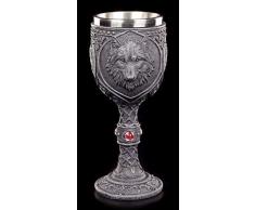 Figuren Shop GmbH Gothic Kelch - Nacht Wolf mit roten Schmucksteinen | Fantasy-Trinkkelch, Handbemalt