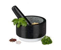 Relaxdays Granit Mörser mit Stößel, langlebig, Gewürze, Kräuter, rutschfest, Steinmörser, Ø 14 cm, 400 ml, grau/weiß