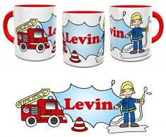 Kilala Kinder-Tasse Feuerwehr Feuerwehrauto mit Wunschname - Namenstasse Rot Personalisierte Feuerwehrmann Name Frühstück