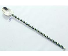 Rajasthan Gems grün Emaille Arbeit 925 Sterling Silber Löffel mit Stroh 20,3 cm 22.07 Gramm