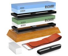 Razorri Abziehsteine Set, doppelseitig 400/1000 und 3000/8000 Grit Schleifsteine mit Abrichtstein, Winkelführung, Bambusbasis, Lederstreifen, für Metallklinge schärfen und polieren (Flache Basis)
