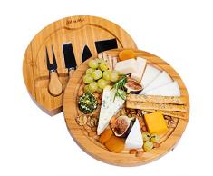 Käsebrett mit Käsemessern - Runde Käseplatte aus Holz mit 4 Messern - BlauKe