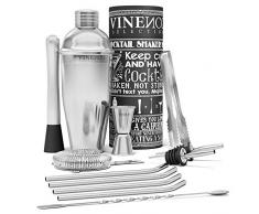 Cocktail Shaker Set + Rezepte eBook - Premium Edelstahl Bar Zubehör: Cocktailshaker Messbecher Jigger Strohhalme | Mojito Gin Tonic Martini Vodka, Profi Barkeeper Cocktailset, Geschenk Frauen Männer