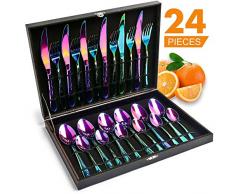 HOBO Buntes Besteck 24-teilig Besteck Set für 6 Personen aus rostfreiem Edelstahl mit 6*Messer/Gabeln/Löffel/Kaffeelöffel als Geschenk spülmaschinefest(Regenbogen)