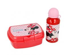 Theonoi 2 Teile Kinder Frühstück Set – wählbar: Frozen – Minnie – 1 x Brotdose Sandwichbox UND 1 x Aluminiumflasche/Trinkflasche Aluminium für Mädchen (Minnie Mouse)