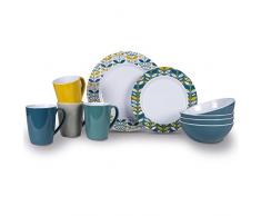Melamin Geschirrset 16 Teile inklusive Teller Tassen Schüsseln Campinggeschirr Geschirr 4 Personen Picknick Camping Melamingeschirr Tafelservice Tafelgeschirr Outdoor Picknickgeschirr gelb blau modern