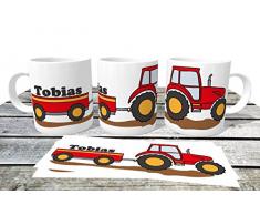 personalisierte Kindertasse Kunststofftasse Traktor rot mit Name - Namenstasse Trecker Schlepper -Kindergartentasse für kleine Landwirte und Treckerfahrer