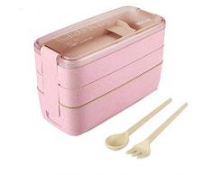 WOT I Lunchbox Bento Box Eco Brotdose für Kinder und Erwachsene 3-Compartment Auslaufsicher Mikrowelle aus Weizen Biologisch - Abbaubar Plastikfrei - BPA Frei - Pink