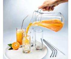 LeoFlix - Home & Living Glas-Karaffe Set Kailua - Karaffe 1,3l für Getränke inkl. 4 x Gläser je 230ml, 4 x Edelstahl Trinkhalme gebogen Plus Reinigungsbürste - Dekoratives Glas-Krug Set