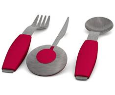 Ornamin Besteckset 3-teilig mit roten Griffkissen | Einhänder-Besteck mit Hilfsfunktion für intuitive Nutzung | Spezial-Besteck, Einhänder-Hilfsmittel, Essbesteck, Esshilfe