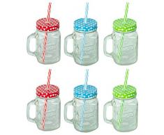 HRB 6er Set Trinkglas mit Strohhalm und Deckel Trinkgläser im Design Vintage, jedes Glas hat EIN Volumen von 400 ml, Gläser Set für Cocktail Lemonade (Vintage)