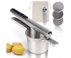 Amazy Kartoffelpresse inkl. 3 Siebeinsätze, Muskatreibe und Kartoffelsack – Spülmaschinenfeste Presse aus Edelstahl für die Zubereitung von Kartoffelpüree, Klößen, Gnocchi & Co. (rund)