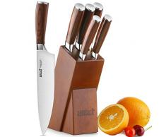 ROMEKER Messerblock Messerset Küchenmesser Kochmesser Set Brotmesser Tranchiermesser Universalmesser Schälmesser Extra Scharf Edelstahl mit Holzblock, 9-20cm Klingenlänge,6-Teilig