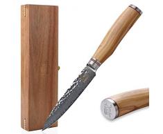 Zayiko Olive Damastmesser Allzweckmesser - sehr hochwertiges sehr scharfes Profi Allzweck Messer mit Damast Klinge 12,5 cm, Küchenmesser, Kochmesser