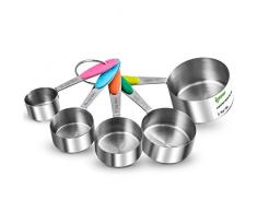 IPOW Verdickter Griff 5er Set von 304 Edelstahl Messbecher Messlöffel Amerikanische Cups mit Silikon Griff, Multifunktions für Küche Kochen Backen