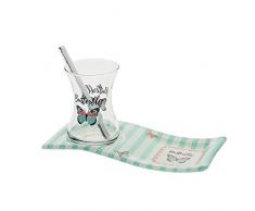 BUTTERFLY Teeservice 18 tlg. aus Glas - Landhaus Teetasse mit Untertasse als Kuchenteller - Tee Service | kunstvolles Teegläser Servierset Tellerset Dessertteller Geschirrset – Teeglas im Vintage-Stil