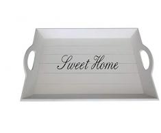 elbmöbel Holz-Tablett in weiß rechteckig, Sweet Home Aufdruck, Griffe und erhöhter Rand (43 x 28cm)