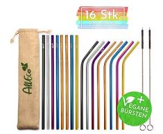 AllEco Edelstahl Strohhalm bunt wiederverwendbar 16er Set Pick & Mix + 2 Reinigungsbürsten + Eco-Beutel, freie Farbwahl - Rosegold, Gold, schwarz, blau, lila, Regenbogen (Pick & Mix, 6mm Durchmesser)