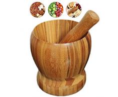 DaoRier Mörser mit Stößel aus Natürlich Bambus Handstampfer Schüssel für Gewürzmörser Knoblauchmörser Küchenmörser