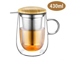 Glastal 430ml Doppelwandige Glas Teetasse mit Metallsieb Teeglas Teebecher aus Borosilikat Glas Tasse