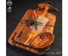 What the Art!® Olive Wood «Le Provençal Set» Gr. L | 2 Olivenholz Schneidebretter inkl. 2 Dip-Schälchen + Geschenk | ca. 27 x 13 cm & 30 x 15 cm | Bretterset - Käsebrett - Servierbrett - Küchenset