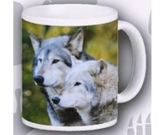 Keramiktasse mit Wolfsmotiv, handverziert in Großbritannien