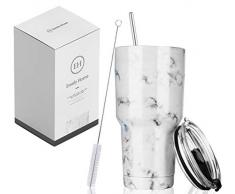 Emely Home Reisebecher Thermobecher Autobecher Kaffeebecher to go Tumbler Travel Mug Marmor Trinkbecher mit Edelstahl-Strohhalm Isolierbecher doppelwandig & vakuumisoliert, 480ml