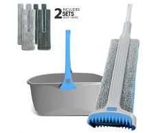 MASTERTOP Doppelseitige Wischmopp mit Eimer Set und 4 Mikrofaser Mop-Pads, 135cm Stange, EasyWring Flach Mop Wischer, Bodenwischer Set für Bodenreinigung
