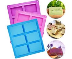 Silikon Seifenformen, 3 Stück Rechteckige Silikon-Förmchen,6 Hohlräume Silikonform Kuchen Backen, Schokolade Biscuit Eiswürfel, für Craft Seife, Rosa, Blau, Lila