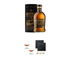 Aberfeldy 12 Jahre neue Ausstatung Single Malt Whisky 0,7 Liter + Stölzle Nosingglas für Whisky 2 Gläser - 1610031 + Schiefer Glasuntersetzer eckig ca. 9,5 cm Ø 2 Stück