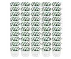 WELLGRO® Einmachgläser mit Schraubdeckel - 230 ml, 8,5 x 6,5 cm (ØxH), Glas/Metall, grün karierte Deckel To 82, Gläser Made in Germany, verschiedene Mengen wählbar, Stückzahl:50 Stück