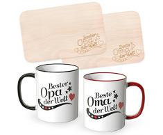 WANDKINGS Frühstücksbrettchen mit Gravur Beste Oma der Welt und Bester Opa der Welt mit dazugehörigen Tassen im Set, Ideales Geschenk für die Großeltern