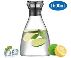 ecooe Glaskaraffe 1500ml (Volle Kapazität) Glaskrug aus Borosilikatglas Wasserkrug mit Edelstahl Deckel Karaffe Glaskanne mit Edelstahldeckel