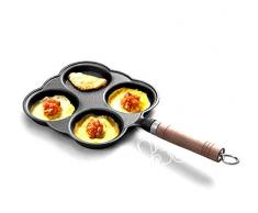 MAIFENGLE Spezialpfanne für Spiegeleier 20cm Gusseisen, 4 Gitter, Holzgriff,Antihaft Beschichtung, Pfannkuchen-Omelettpfanne, Speiseöl sparen, schwarz