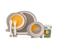 Kinder Teller Set, Kindergeschirr Set, Baby Geschirrset Bambus, Kind Schüssel Set, Baby Schalen Set (1x geteilt Teller, 1x Schüssel, 1x Tasse, 1x Löffel, 1x Gabel), BPA Frei,Elefanten Form