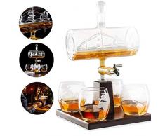 LHY Weißwein-Dekanter, Glas-Karaffe Segelschiff mit gravierter Weltkarte, 4 Whiskygläser und Holz-Tablett Flasche mit Edelstahl-Wasserhahn Spender Decanter 1000ml Geschenk