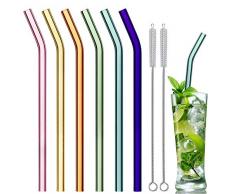 Glas Strohhalme Wiederverwendbar Trinkhalm, Gebogen 21.5 cm x 8 mm handgefertigt - 6er Set mit 2 Reinigungsbürsten, Glastrinkhalme Glasstrohhalme - gesund, umweltschonend, frei von BPA (21.5cm)